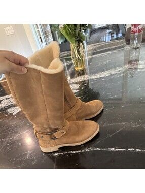 UGG Shearling Knee High Boots Brown Suede Buckle Accent Fur Lined Pull On
